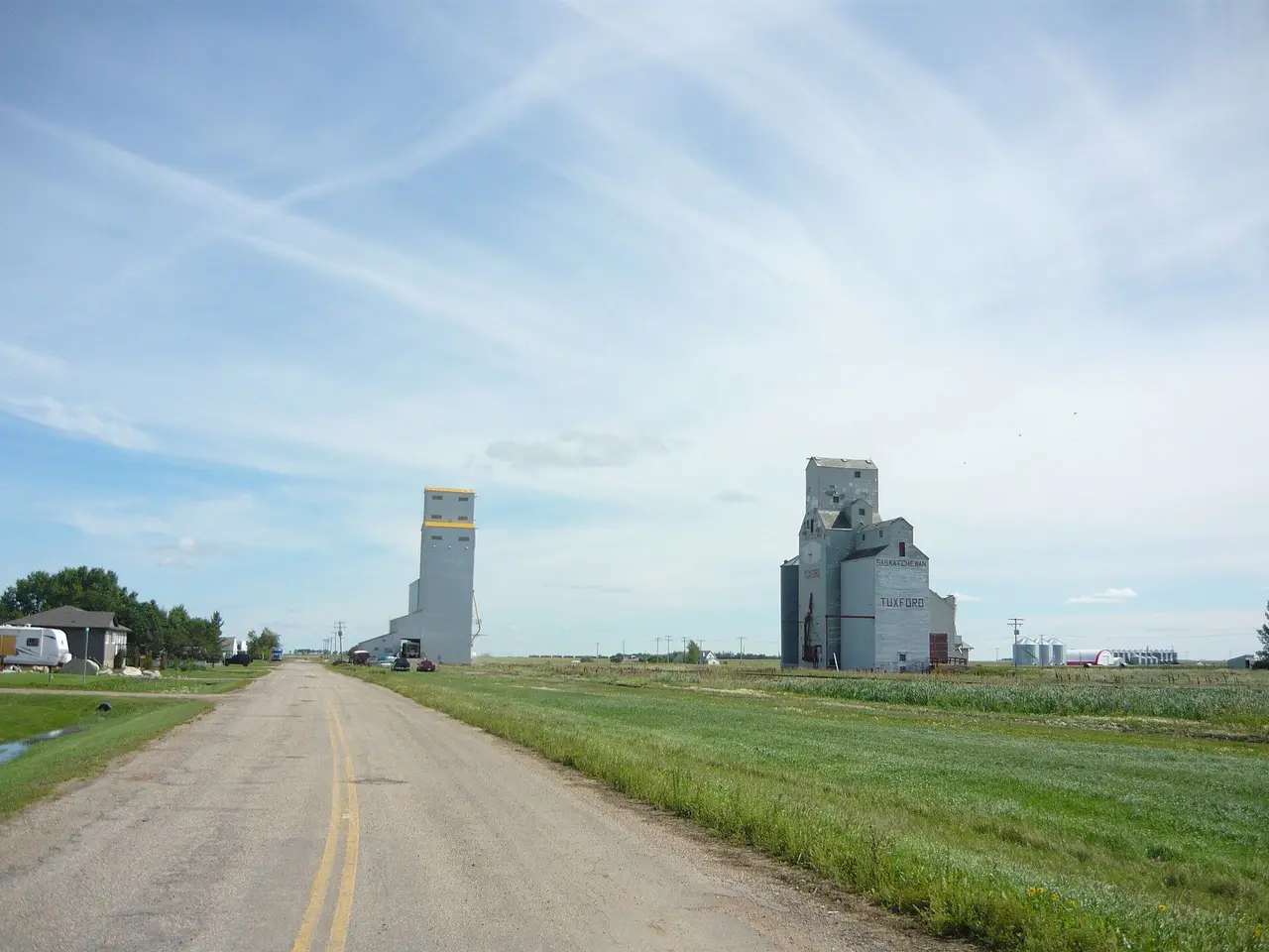 Grain elevators beside the road, 2014